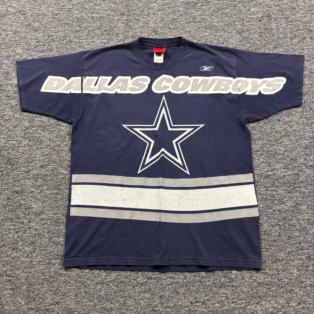 Vintage Y2K AOP Dallas Cowboys Reebok NFL Graphic T-Shirt Navy Blue Size Large